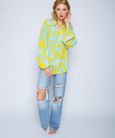 Emily van den Bergh - Bluse mit Ballonärmeln in Aqua/Gelb