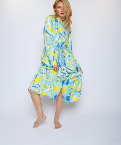 Emily van den Bergh - Hemdblusenkleid mit Tuchprint in Gelb/Blau