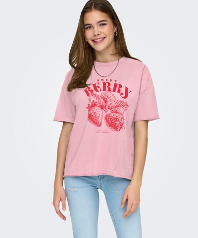 ONLY - OnlKinna T-Shirt mit Erdbeer-Print in Rosa