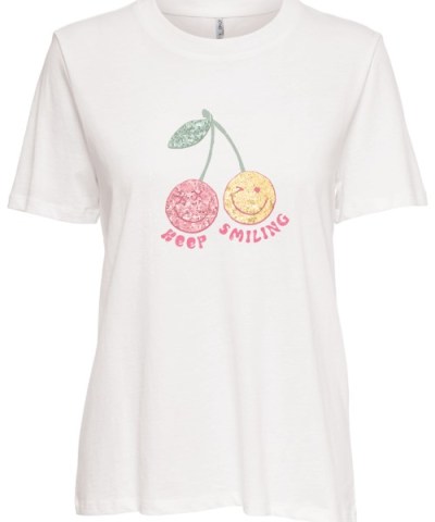 ONLY - OnlKita Kirsch Smiley T-Shirt in Weiß