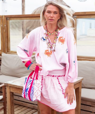 Place du Soleil - rosa Tunikabluse mit Krabbenmuster