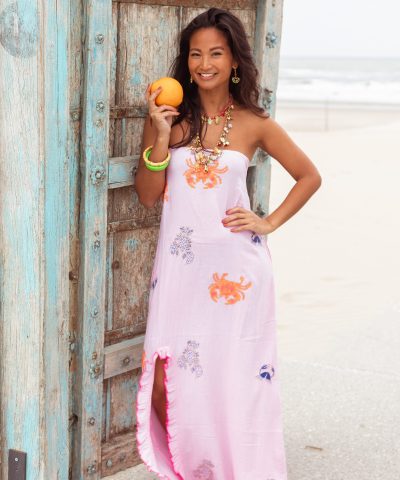 Place du Soleil - rosa Bandeukleid mit Krabbenstickerei