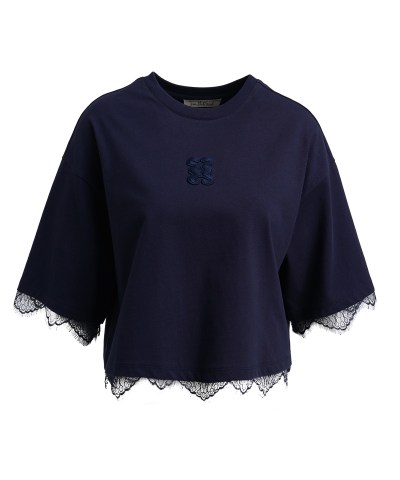 Smith & Soul - Cropped T-Shirt mit Spitzensaum in Navy