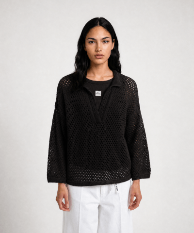 Smith & Soul - Gehäkelter Pullover mit Polokragen in Dunkelbraun