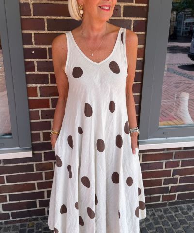 Leinenkleid in Beige mit braunen Punkten