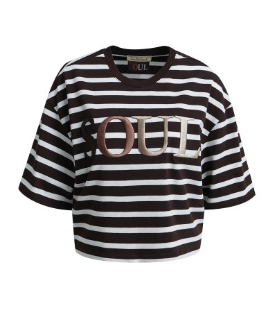 Smith & Soul - Boxy-Streifen-T-Shirt "SOUL" in Braun Creme