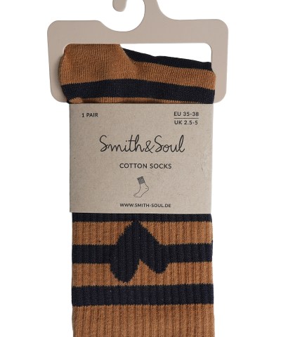 Smith & Soul - Streifen-Socken "Love" in Marine und Cognac